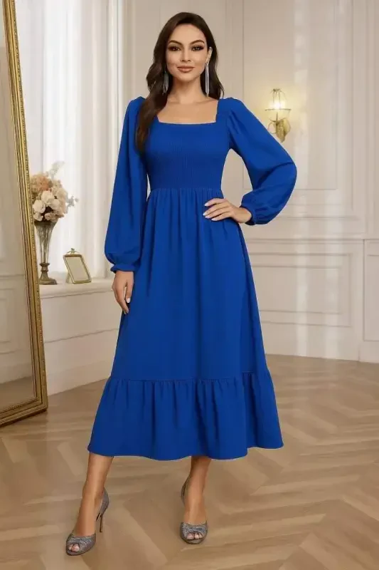 Women's Long Sleeve Square Neck Guipure Detailed Long Knitted Dress - 1