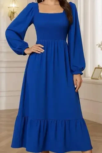 Women's Long Sleeve Square Neck Guipure Detailed Long Knitted Dress - 2