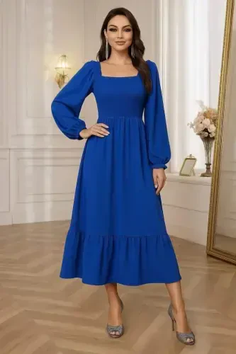 Women's Long Sleeve Square Neck Guipure Detailed Long Knitted Dress - 3