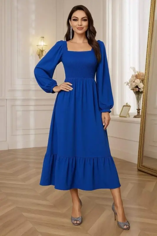 Women's Long Sleeve Square Neck Guipure Detailed Long Knitted Dress - 3