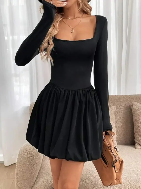 Women's Long Sleeve Square Neck Mini Balloon Modal Dress - 2