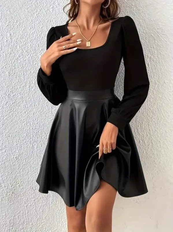 Women's Long Sleeve Square Neck Top Viscose Bottom Leather Mini Dress - 1