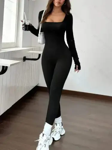 Women's Long Sleeve Square Neck Zipper Thumb Hole Jumpsuit - BÜYÜKBEDENIZ (1)