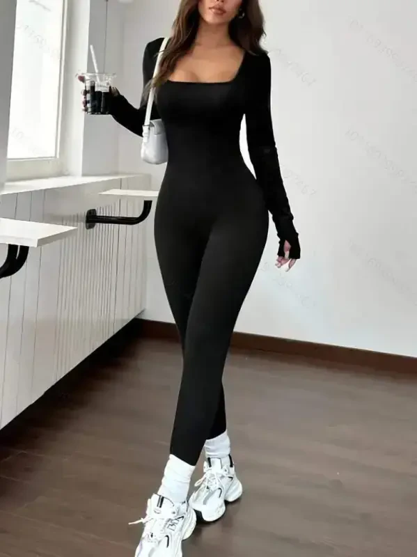 Women's Long Sleeve Square Neck Zipper Thumb Hole Jumpsuit - 2