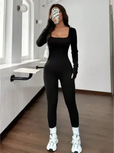 Women's Long Sleeve Square Neck Zipper Thumb Hole Jumpsuit - 4