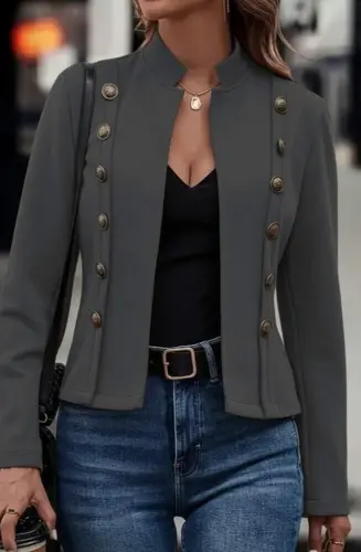 Women's Long Sleeve Stand Collar Buttoned Short Suede Jacket - BÜYÜKBEDENIZ (1)