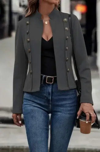 Women's Long Sleeve Stand Collar Buttoned Short Suede Jacket - 3