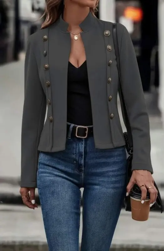 Women's Long Sleeve Stand Collar Buttoned Short Suede Jacket - 3