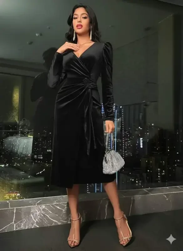 Women's Long Sleeve Surplice V-Neck Side Ruched Midi Velvet Dress - BÜYÜKBEDENIZ