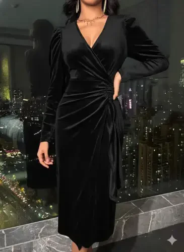 Women's Long Sleeve Surplice V-Neck Side Ruched Midi Velvet Dress - BÜYÜKBEDENIZ (1)