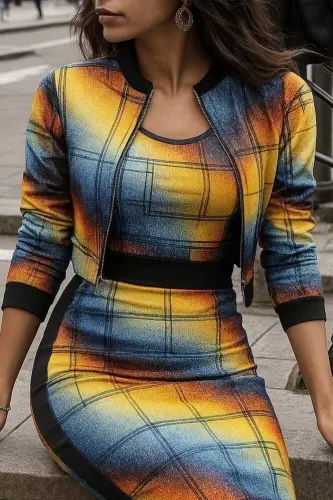 Women's Long Sleeve Tank Top Crew Neck Patterned Scuba Blouse Jacket And Skirt Three Piece Set - BÜYÜKBEDENIZ (1)