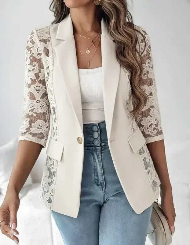 Women's Long Sleeve Three Quarter Sleeve Button Front Pocketed Lace Atlas Jacket - 3