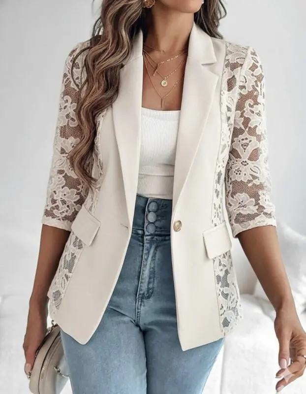 Women's Long Sleeve Three-Quarter Sleeve Front Buttoned Pocket Lace Satin Jacket - BÜYÜKBEDENIZ