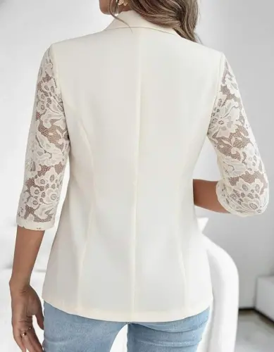 Women's Long Sleeve Three-Quarter Sleeve Front Buttoned Pocket Lace Satin Jacket - BÜYÜKBEDENIZ (1)