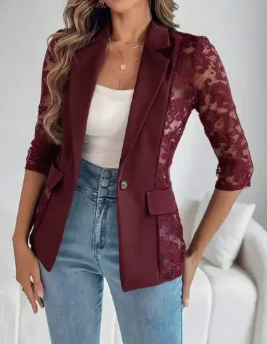 Women's Long Sleeve Three Quarter Sleeve Front Buttoned Pocketed Lace Detailed Atlas Jacket - 1