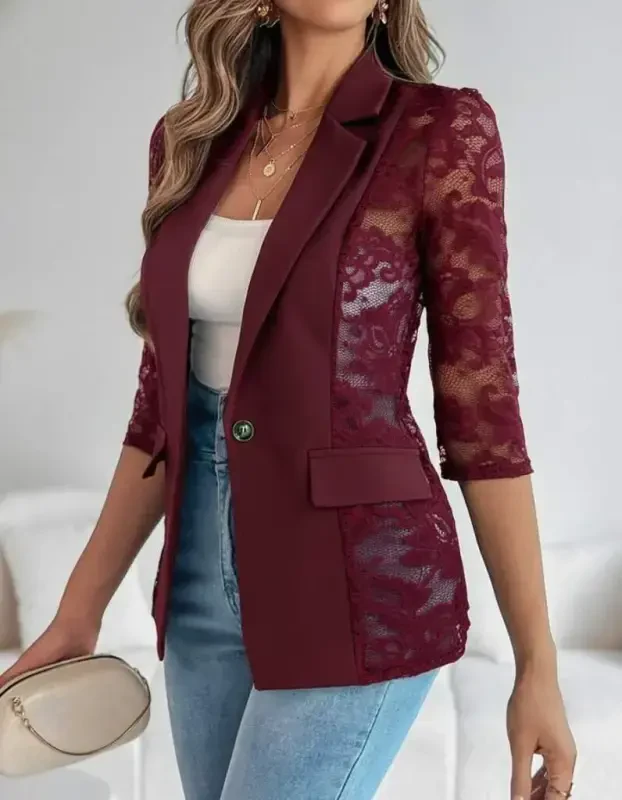 Women's Long Sleeve Three Quarter Sleeve Front Buttoned Pocketed Lace Detailed Atlas Jacket - 2