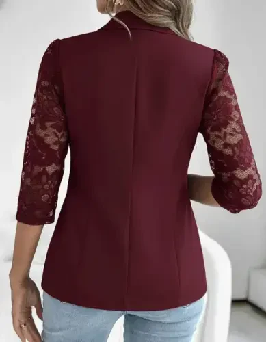 Women's Long Sleeve Three Quarter Sleeve Front Buttoned Pocketed Lace Detailed Atlas Jacket - 3