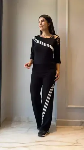 Women's Long Sleeve Three Quarter Sleeve One Shoulder Criss Cross Detail Ribbed Viscose Two Thread Blouse And Pants Set - 1