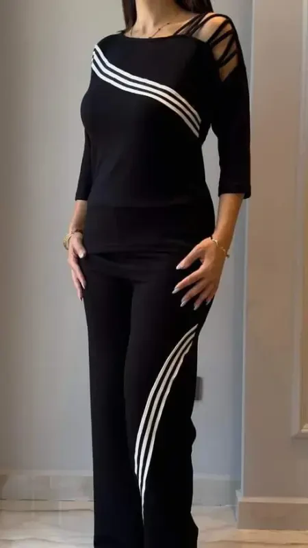 Women's Long Sleeve Three Quarter Sleeve One Shoulder Criss Cross Detail Ribbed Viscose Two Thread Blouse And Pants Set - 3