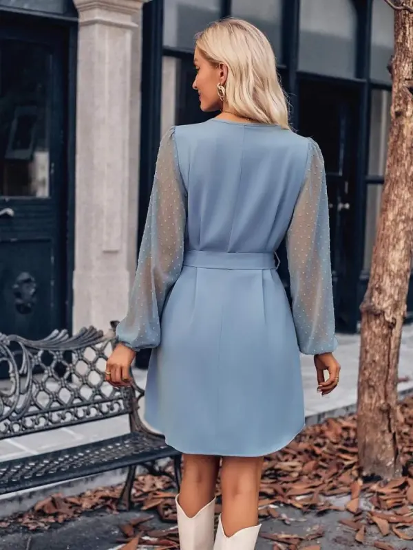 Women's Long Sleeve Tie Neck Belted Imported Crepe Dress - 2