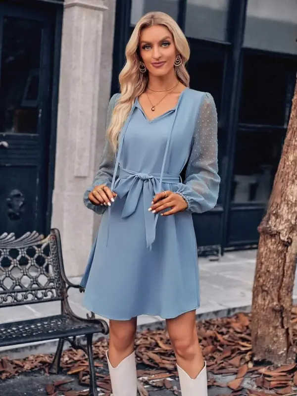Women's Long Sleeve Tie Neck Belted Imported Crepe Dress - 3