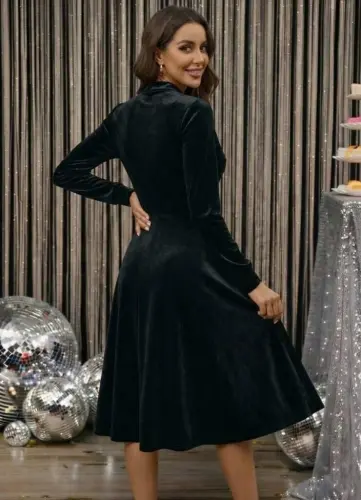 Women's Long Sleeve Tie Neck Pocketed Midi Velvet Dress - 2