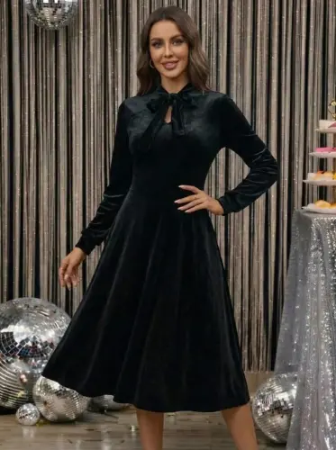 Women's Long Sleeve Tie Neck Pocketed Midi Velvet Dress - 3