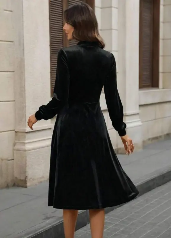 Women's Long Sleeve Tie Neck Pocketed Midi Velvet Dress - 5