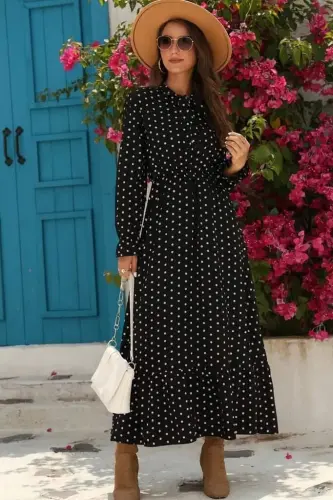 Women's Long Sleeve Tie Neck Polka Dot Crepe Maxi Dress - 1