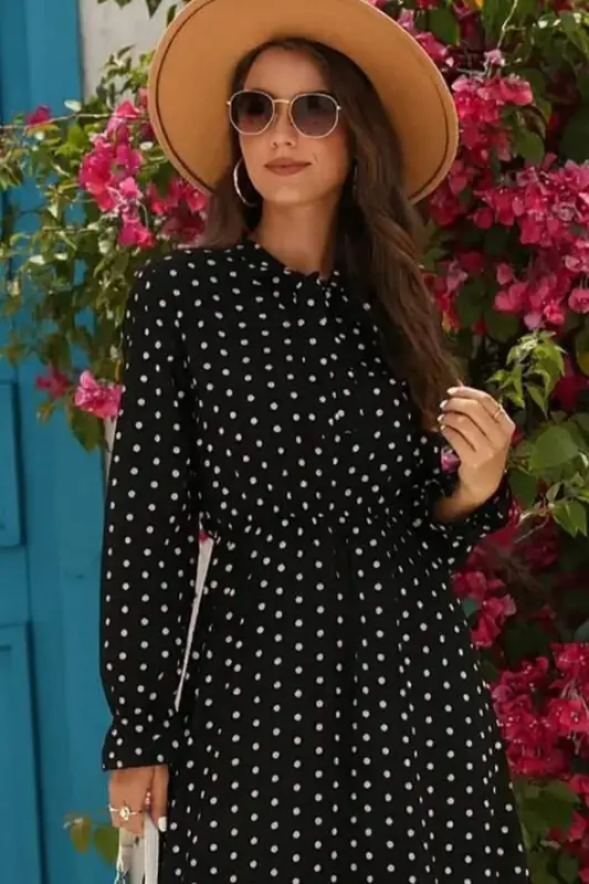 Women's Long Sleeve Tie Neck Polka Dot Crepe Maxi Dress - 2