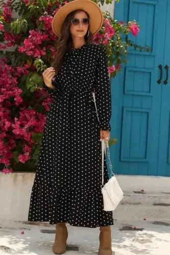 Women's Long Sleeve Tie Neck Polka Dot Crepe Maxi Dress - 3