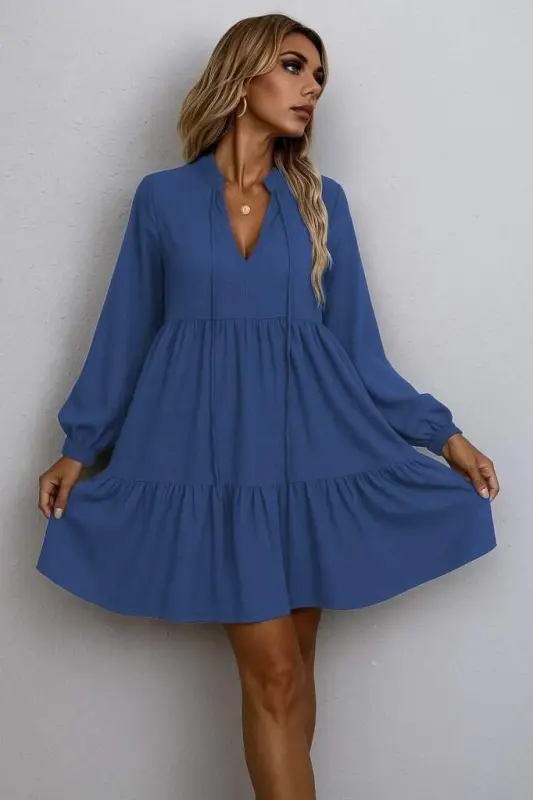 Women's Long Sleeve Tie Neck Ruffle Linen Mini Dress - BÜYÜKBEDENIZ