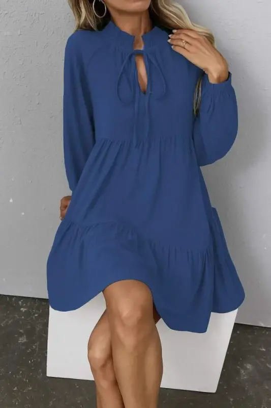 Women's Long Sleeve Tie Neck Ruffle Linen Mini Dress - 2