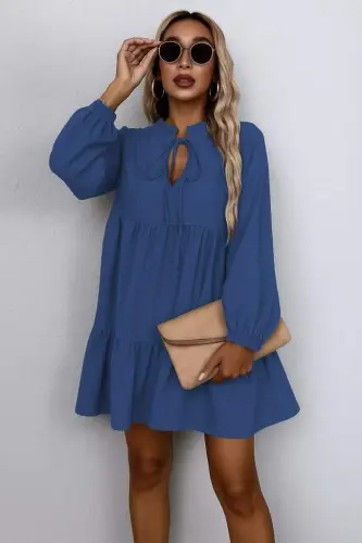 Women's Long Sleeve Tie Neck Ruffle Linen Mini Dress - 3