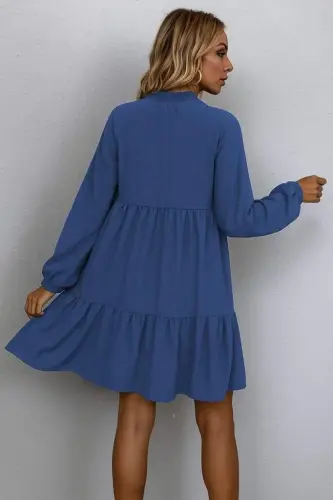 Women's Long Sleeve Tie Neck Ruffle Linen Mini Dress - 4