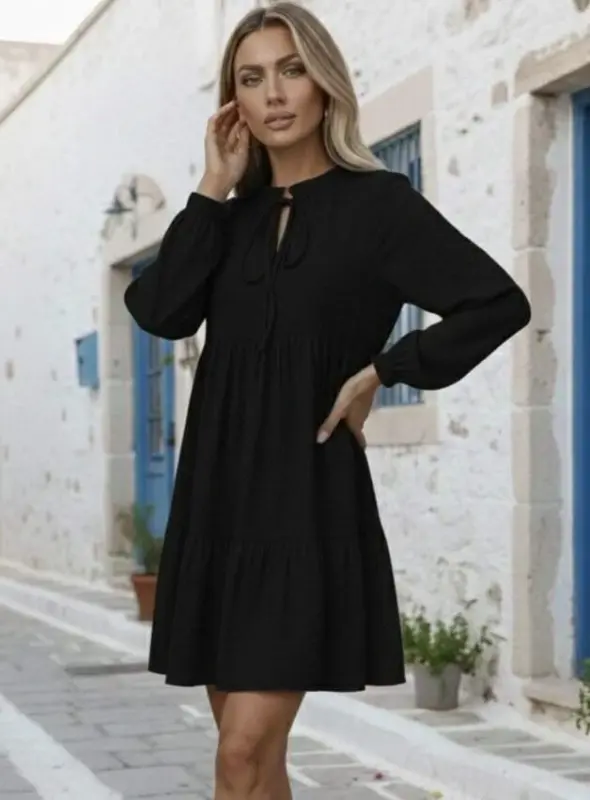 Women's Long Sleeve Tie Neck Ruffle Linen Mini Dress - 1