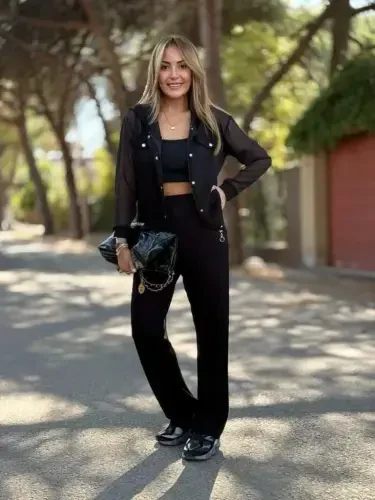 Women's Long Sleeve Tulle Detailed Button-Down Viscose Two Thread Jacket and Pants Set - 1