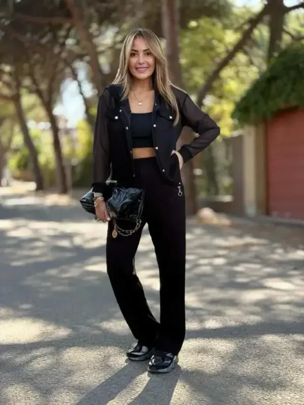 Women's Long Sleeve Tulle Detailed Button-Down Viscose Two Thread Jacket and Pants Set - 1