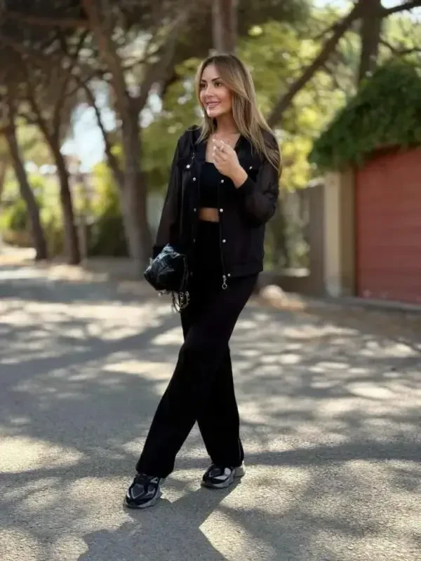 Women's Long Sleeve Tulle Detailed Button-Down Viscose Two Thread Jacket and Pants Set - 2