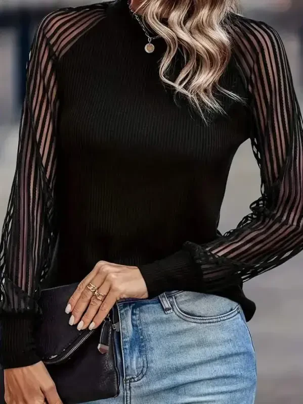 Women's Long Sleeve Tulle Detailed Crew Neck Ribbed Blouse - 2