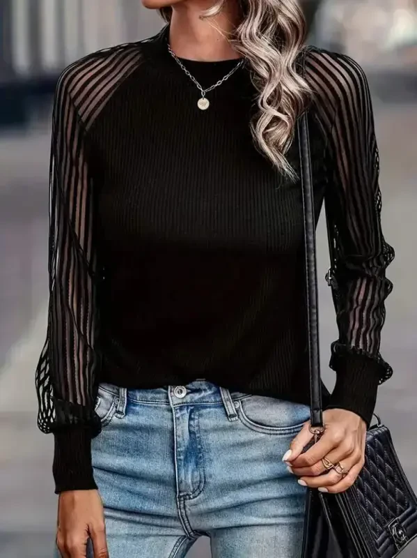 Women's Long Sleeve Tulle Detailed Crew Neck Ribbed Blouse - 3