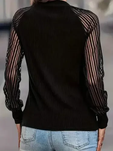 Women's Long Sleeve Tulle Detailed Crew Neck Ribbed Blouse - 4