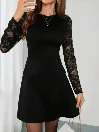 Women's Long Sleeve Turtleneck Arms Tulle Detailed Mini Imported Crepe Dress - 3