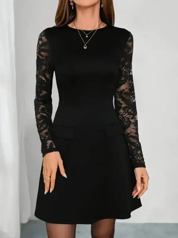 Women's Long Sleeve Turtleneck Arms Tulle Detailed Mini Imported Crepe Dress - 4