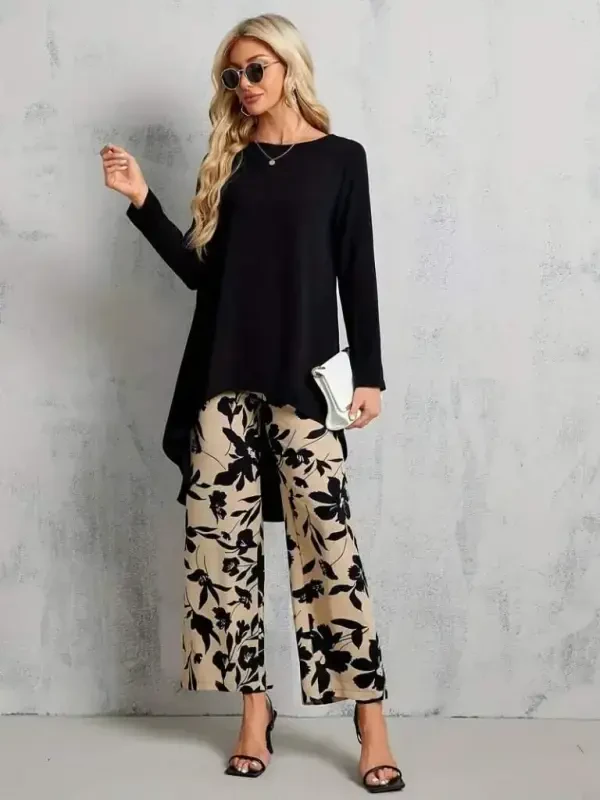 Women's Long Sleeve Turtleneck Asymmetric Cut Detailed Viscose Blouse and Floral Patterned Two Thread Pants - BÜYÜKBEDENIZ
