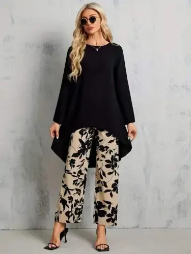 Women's Long Sleeve Turtleneck Asymmetric Cut Detailed Viscose Blouse and Floral Patterned Two Thread Pants - BÜYÜKBEDENIZ (1)
