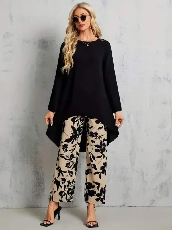 Women's Long Sleeve Turtleneck Asymmetric Cut Detailed Viscose Blouse and Floral Patterned Two Thread Pants - 2