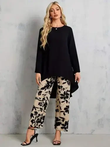 Women's Long Sleeve Turtleneck Asymmetric Cut Detailed Viscose Blouse and Floral Patterned Two Thread Pants - 3