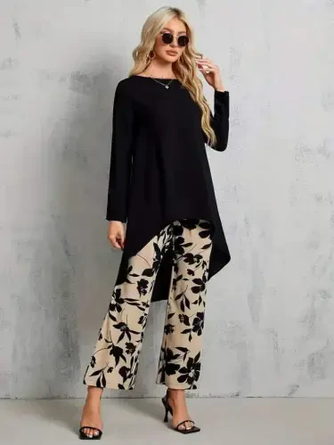 Women's Long Sleeve Turtleneck Asymmetric Cut Detailed Viscose Blouse and Floral Patterned Two Thread Pants - 4