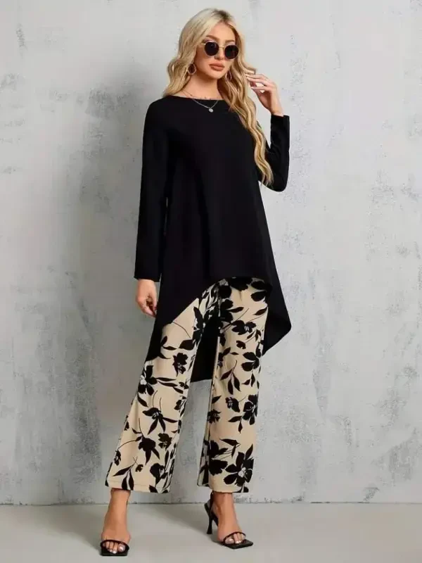 Women's Long Sleeve Turtleneck Asymmetric Cut Detailed Viscose Blouse and Floral Patterned Two Thread Pants - 4